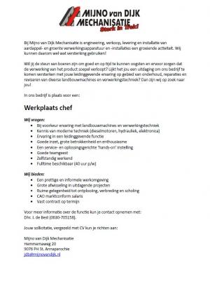 Vacature: Werkplaats chef